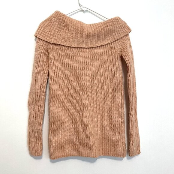 ANN TAYLOR Light Pink / Peach Fuzzy Chunky Knit Cowl Neck Off Shoulder ? Sweater - Picture 10 of 13
